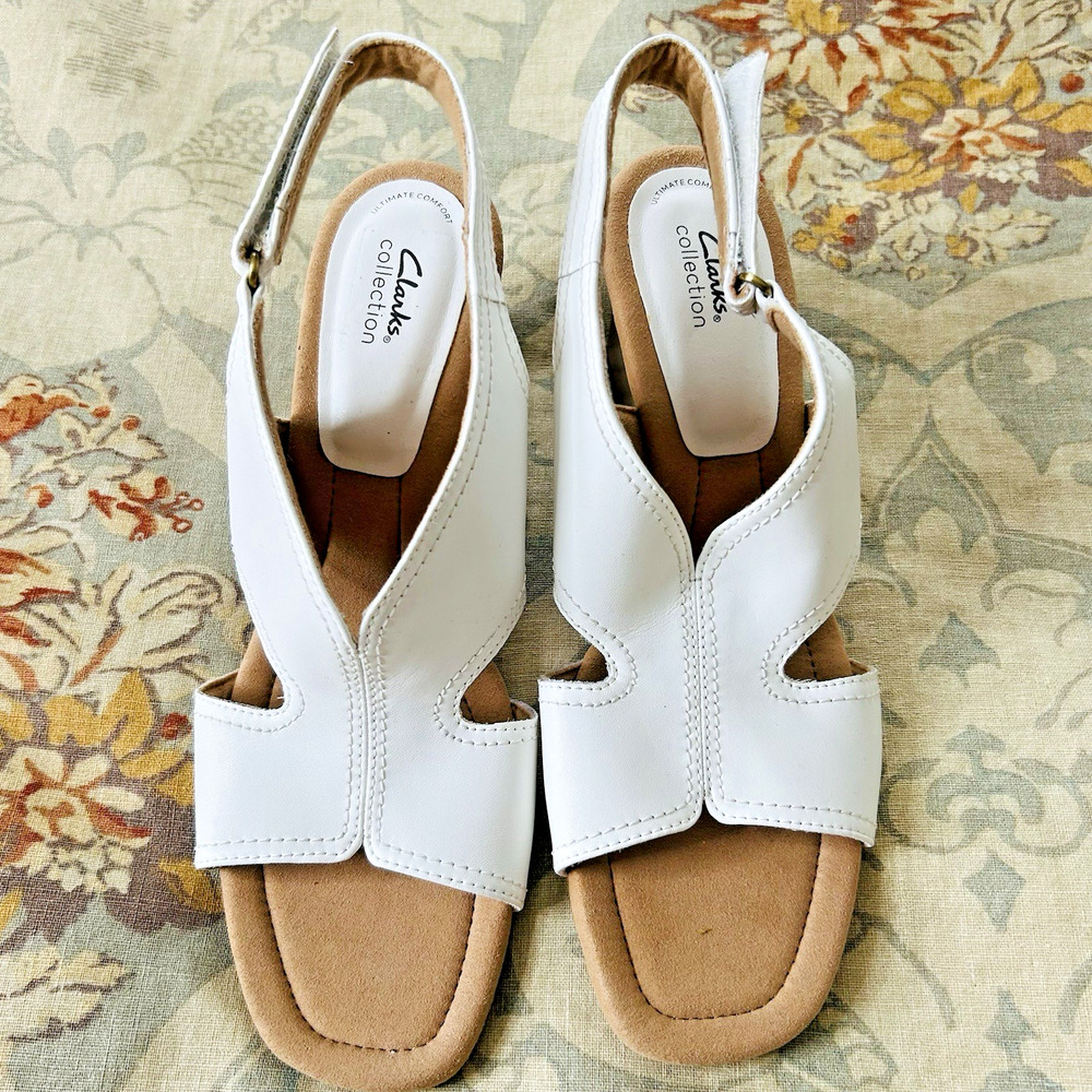 Clarks White Wedge Sandals Leather Kyarra Aster Size 11 Open Toe Comfort 3" Heel